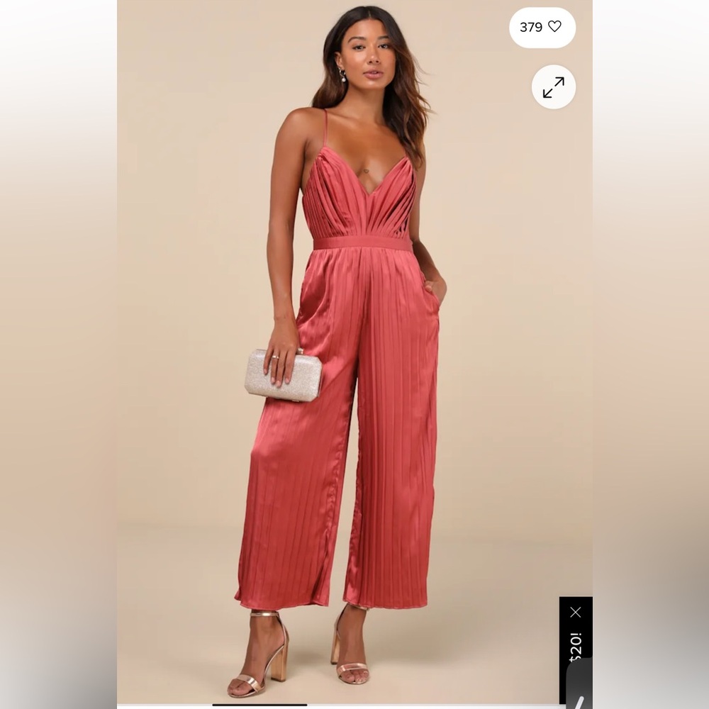 LulusStellar Poise rose pleated satin wide leg jumpsuit M